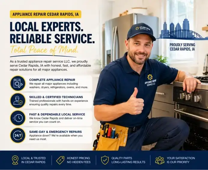 local appliance repair technician with yellow tool belt in cedar rapids ia providing reliable service