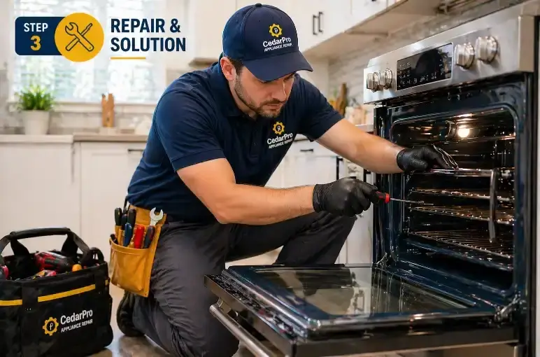 cedarpro appliance repair technician fixing oven with professional tools and precision