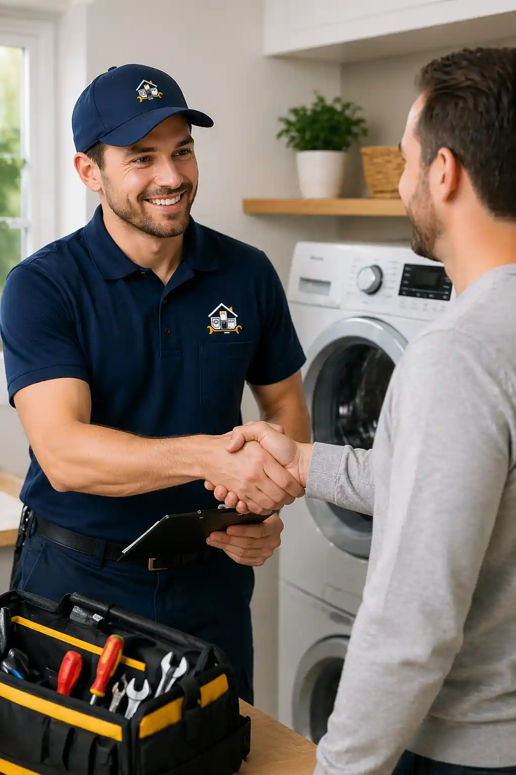 professional appliance repair technician shaking hands with satisfied customer after service