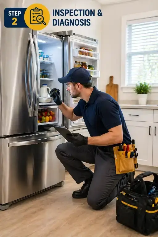 cedarpro appliance repair technician performing inspection and diagnosis of refrigerator in cedar rapids ia