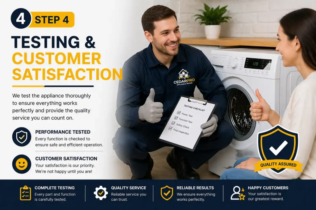 technician testing appliance and ensuring customer satisfaction after repair service