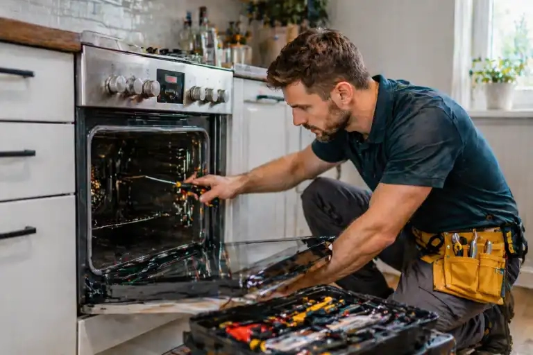 technician repairing oven wearing yellow tool belt in cedar rapids ia