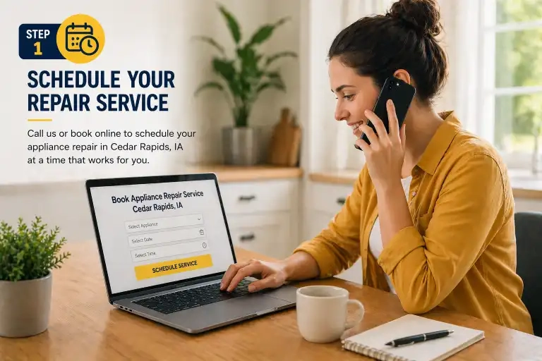 customer scheduling appliance repair service on laptop and phone in cedar rapids ia
