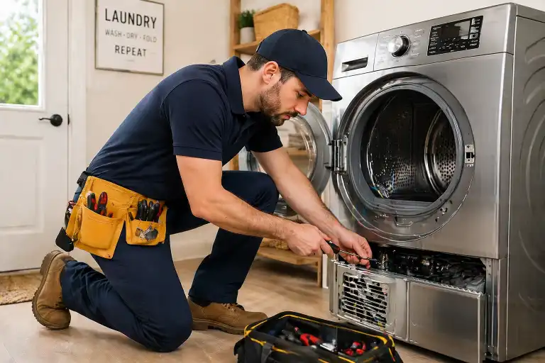 technician repairing front load washing machine in cedar rapids IA