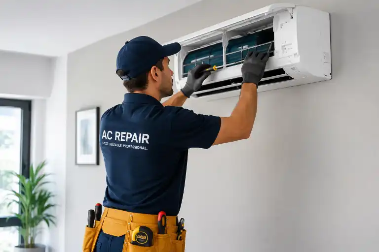 Technician repairing indoor air conditioner unit in Cedar Rapids home