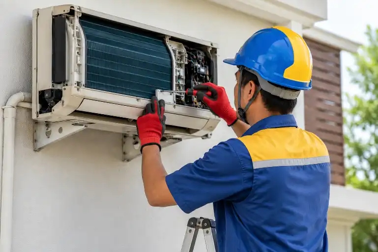 Technician repairing a wall-mounted air conditioner with safety gear and tools