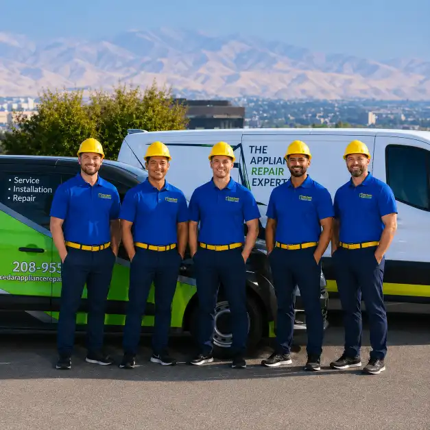 Professional appliance repair technicians wearing yellow safety helmets standing beside branded service vans in Cedar Rapids