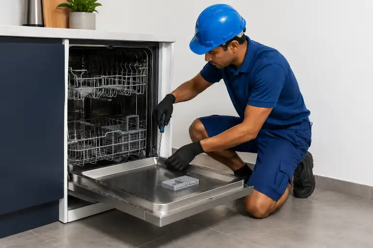 Technician repairing a built-in dishwasher in a modern kitchen
