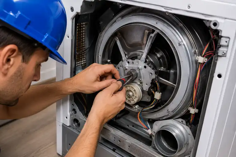 Technician repairing internal parts of a household dryer machine