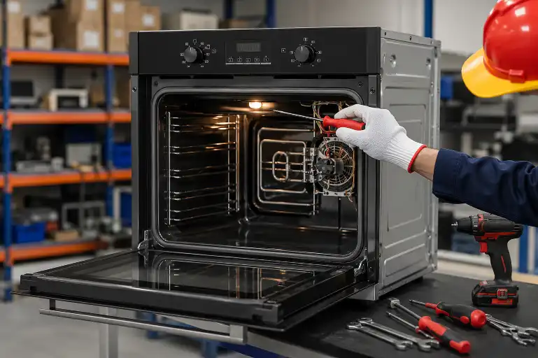 Technician repairing internal heating components of an electric oven