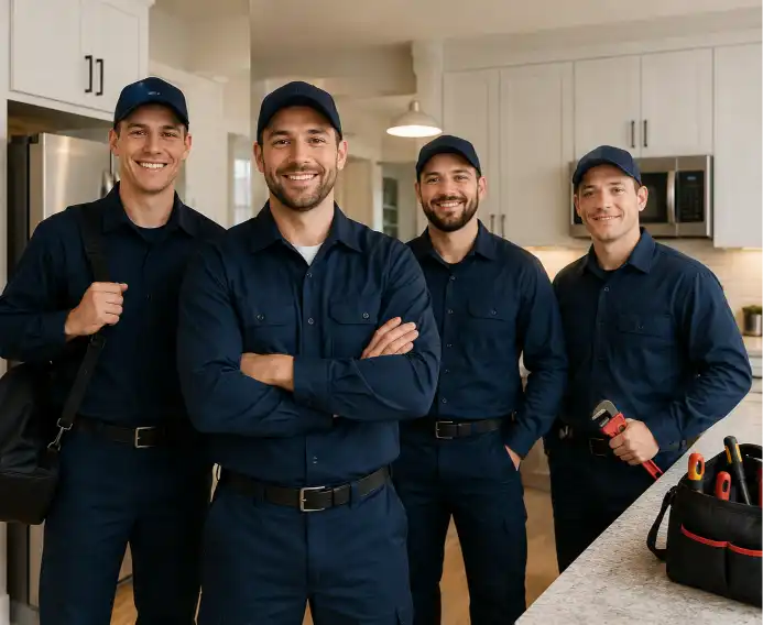Professional appliance repair technicians standing together in a modern kitchen