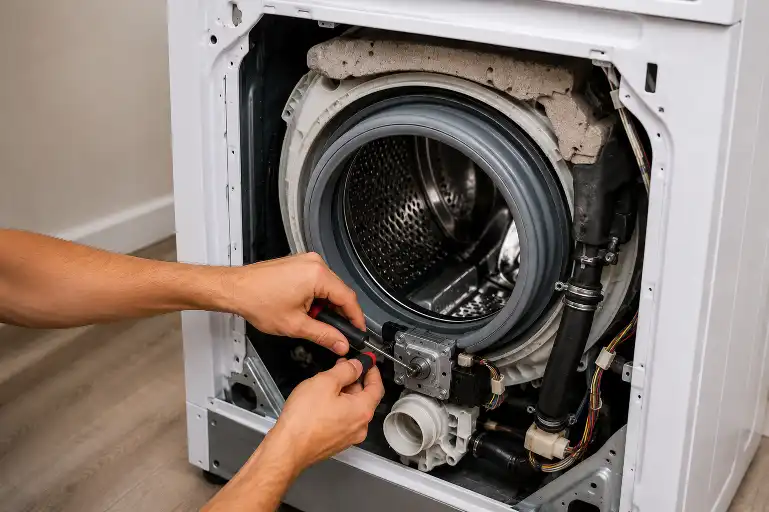 Technician repairing internal components of a front load washing machine