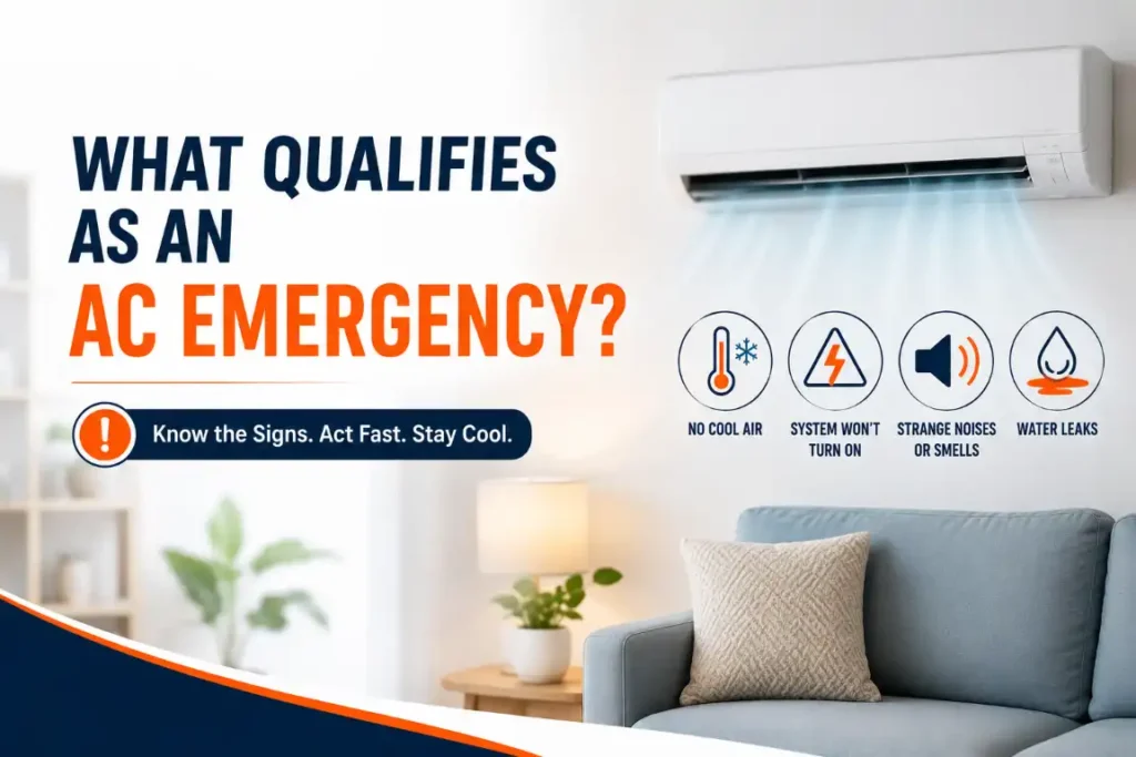 What qualifies as an AC emergency? Hero image showing common warning signs such as no cool air, system failure, strange noises, and water leaks.