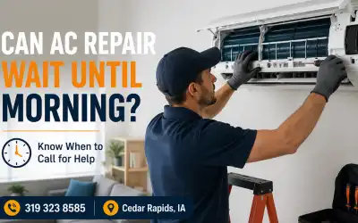 AC technician repairing a wall-mounted air conditioner in a Cedar Rapids home