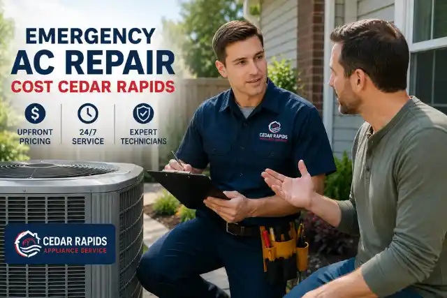 Clean-shaven HVAC technician explaining emergency AC repair cost Cedar Rapids to a homeowner beside an outdoor air conditioner.