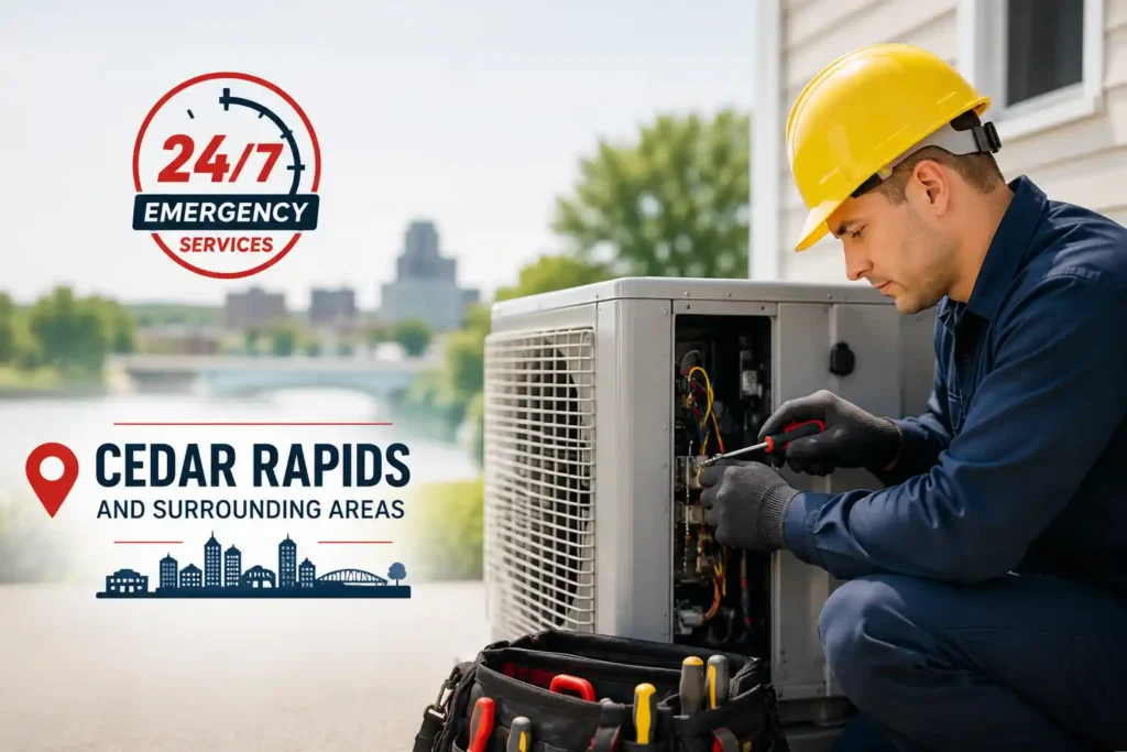 HVAC technician performing emergency AC repair in Cedar Rapids while repairing an outdoor air conditioning unit