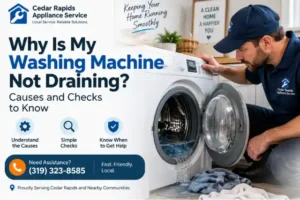 Technician inspecting a washing machine not draining in Cedar Rapids with water remaining in the drum.