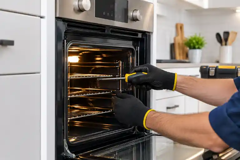 Technician repairing a built-in oven in a modern kitchen