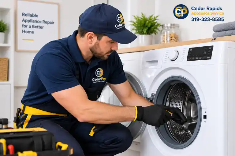 Professional appliance repair technician inspecting a washing machine in Cedar Rapids