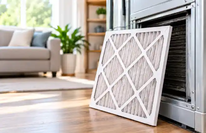 Technician replacing an AC filter during routine air conditioner maintenance..
