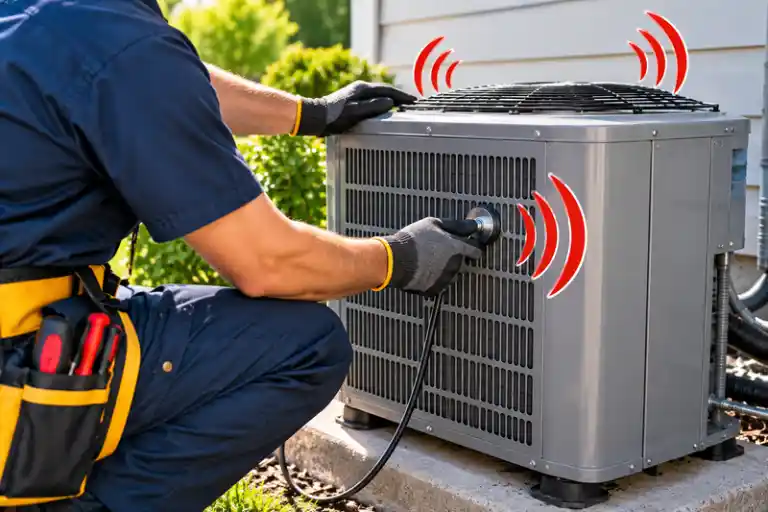 Why is my air conditioner making a loud noise? Technician inspecting an outdoor AC unit for unusual sounds.